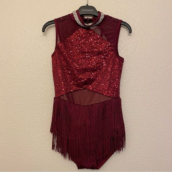 WEISSMAN Dance Costume burgundy fringe The Coolest Thing Ever 13815 LC child - Picture 2 of 9